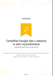 Certyfikat google Ads sieć wyszukiwania Robert Duda