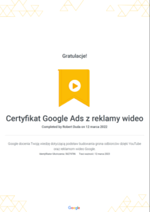 Certyfikat google Ads Wideo Robert Duda